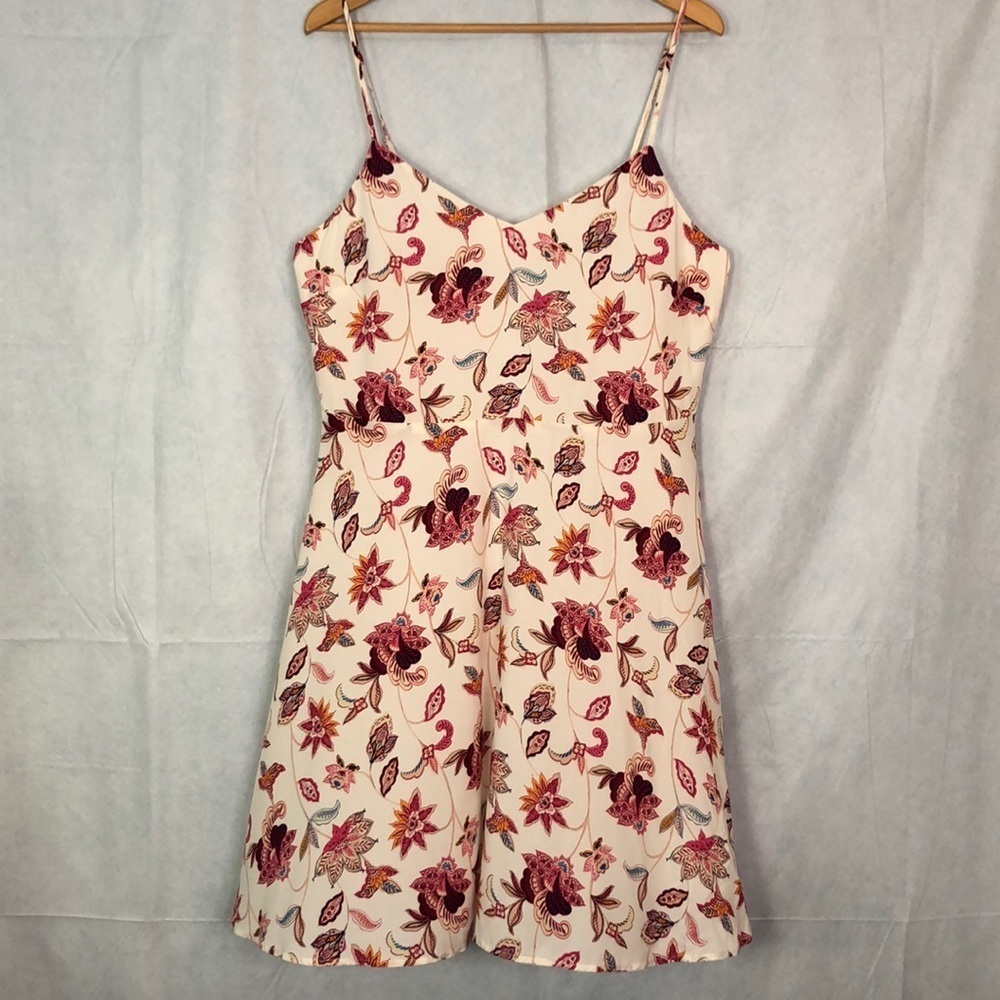 LOFT Outlet Womens Cream  Burgundy Floral Shoulder Strap Fit Flare Dress Size 12